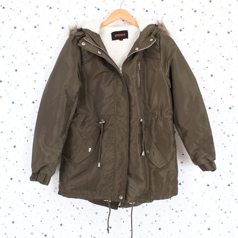 Olive Faux Fur Hooded Sherpa Lined Jacket - Picture 2 of 11